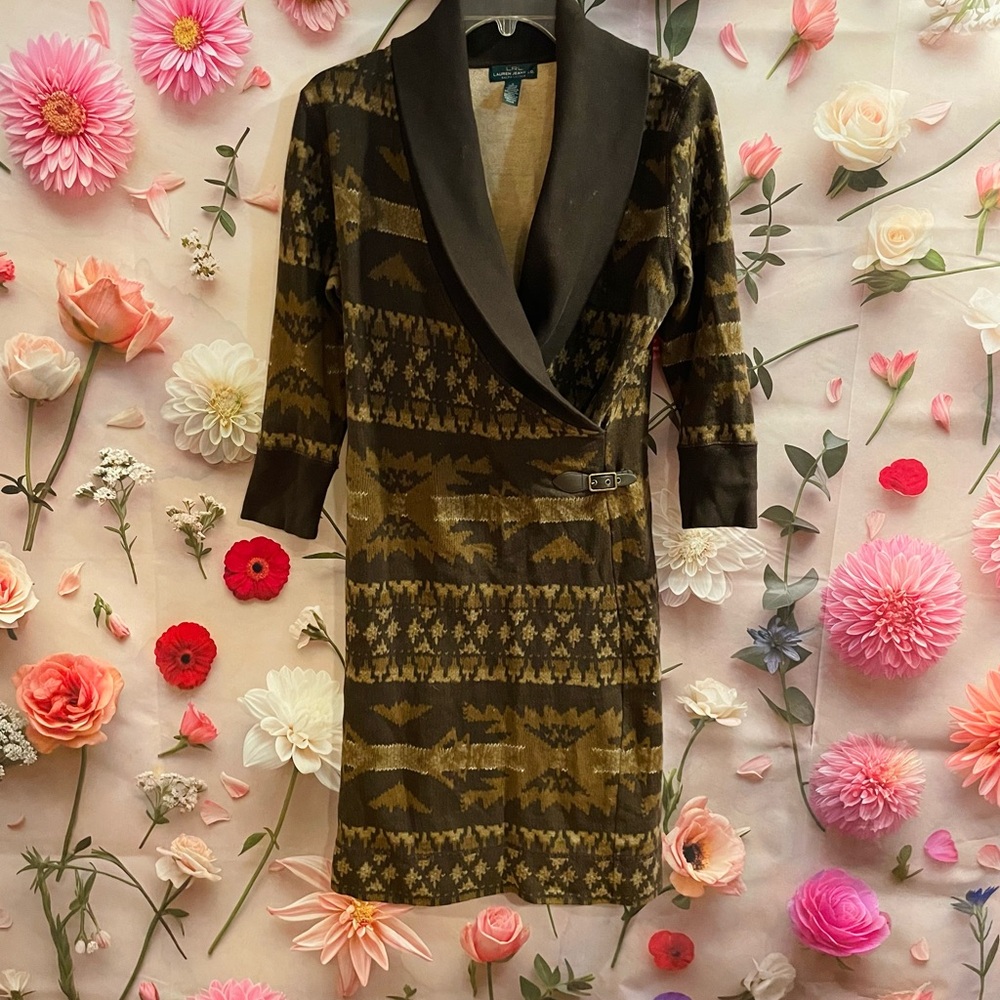 Ralph Lauren Brown Aztec Western Print Wrap Sweater Dress